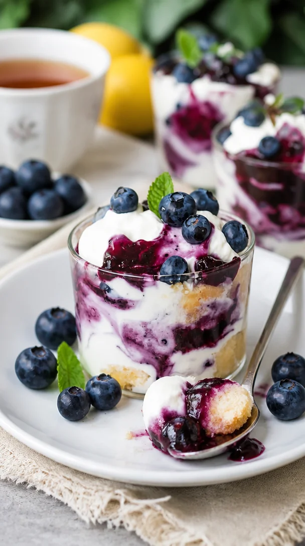 Leckeres Blaubeer Tiramisu im Glas ohne Ei und Alkohol, perfekt für den Sommer.
