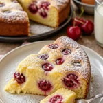 Blitz-Kirschkuchen mit Kirschen und Sahne garniert