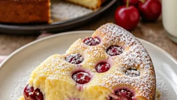 Blitz-Kirschkuchen mit Kirschen und Sahne garniert
