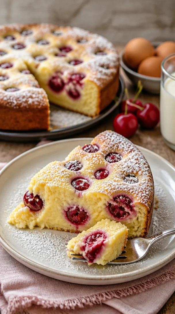 Blitz-Kirschkuchen mit Kirschen und Sahne garniert
