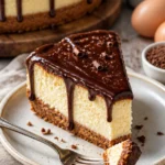 Leckerer Boston Cream Pie Käsekuchen mit einer Schokoladenglasur und Vanillefüllung.