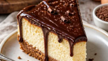 Leckerer Boston Cream Pie Käsekuchen mit einer Schokoladenglasur und Vanillefüllung.