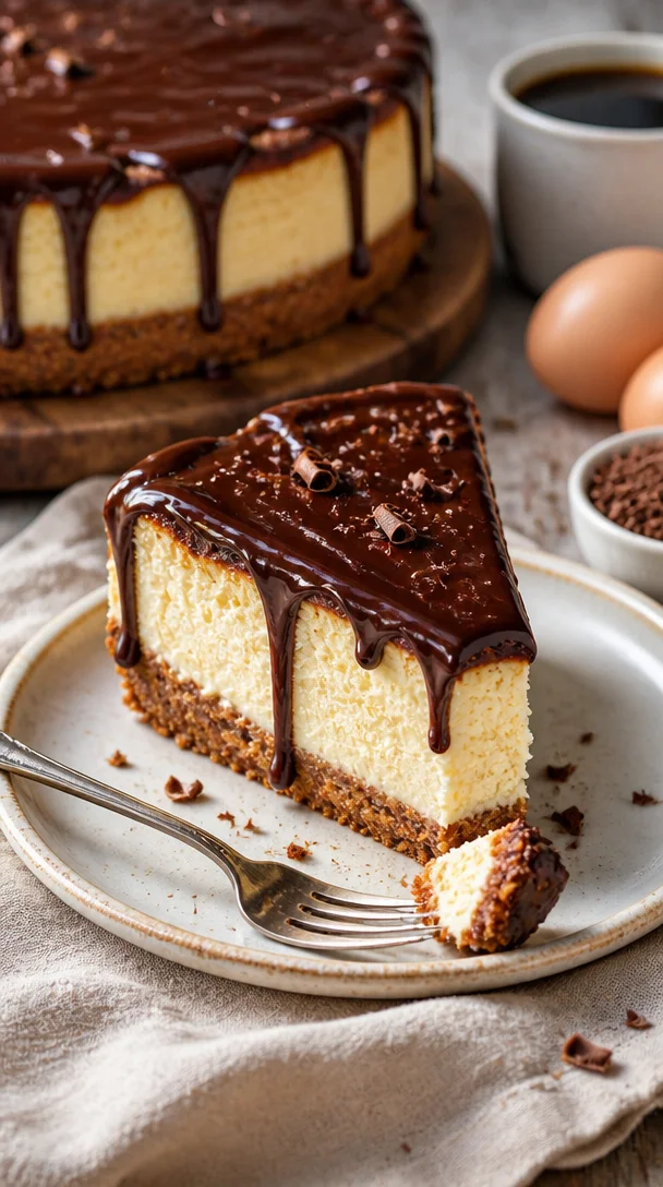 Leckerer Boston Cream Pie Käsekuchen mit einer Schokoladenglasur und Vanillefüllung.