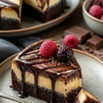 Brownie-Käsekuchen-Geburtstagstorte mit Schichten aus Brownie und Käsekuchen