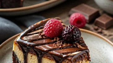 Brownie-Käsekuchen-Geburtstagstorte mit Schichten aus Brownie und Käsekuchen