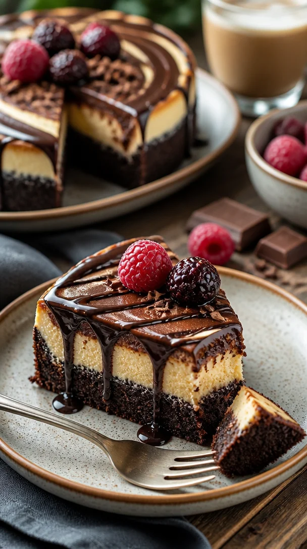 Brownie-Käsekuchen-Geburtstagstorte mit Schichten aus Brownie und Käsekuchen
