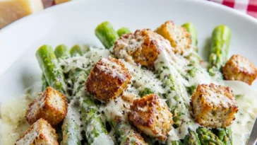 Caesar gegrillter Spargel auf einem Teller, garniert mit Parmesan und Dressing.