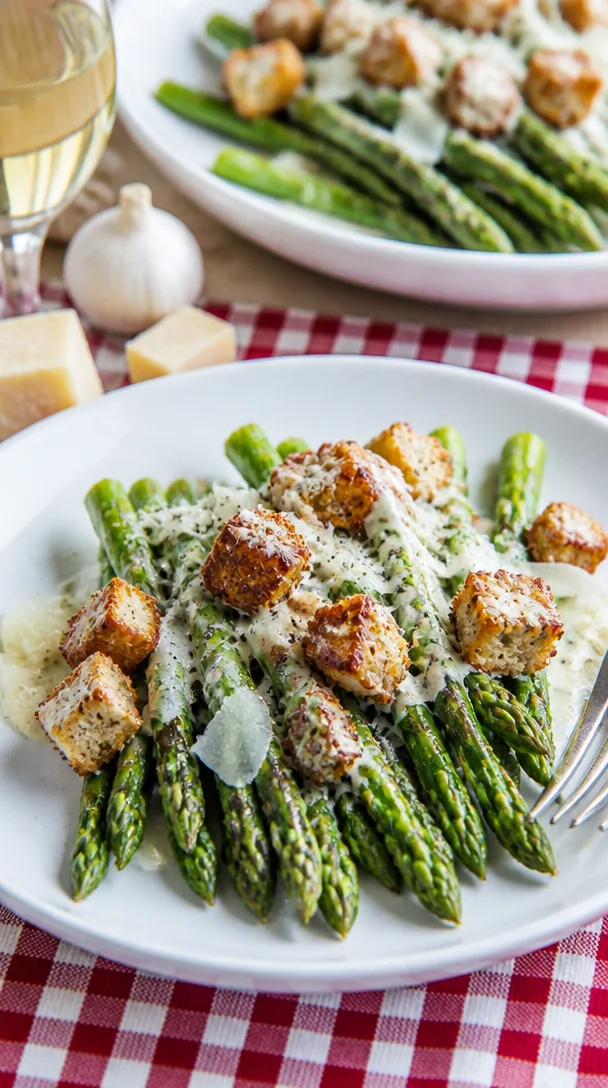 Caesar gegrillter Spargel auf einem Teller, garniert mit Parmesan und Dressing.