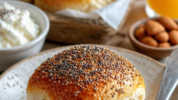 Gesunde Chia-Floh-Eiweiß-Brötchen auf einem Holzbrett