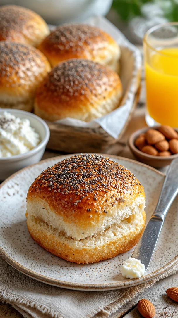 Gesunde Chia-Floh-Eiweiß-Brötchen auf einem Holzbrett