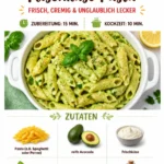 Cremige Avocado Frischkäse Pasta in einer Schüssel mit frischen Zutaten.