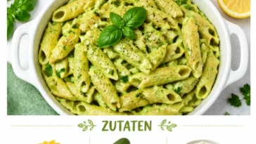 Cremige Avocado Frischkäse Pasta in einer Schüssel mit frischen Zutaten.