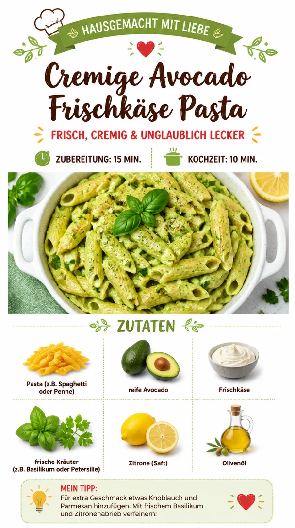 Cremige Avocado Frischkäse Pasta in einer Schüssel mit frischen Zutaten.