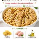 Cremige Knoblauch-Hühnchen-Pasta mit frischen Zutaten auf einem Teller