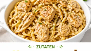 Cremige Knoblauch-Hühnchen-Pasta mit frischen Zutaten auf einem Teller