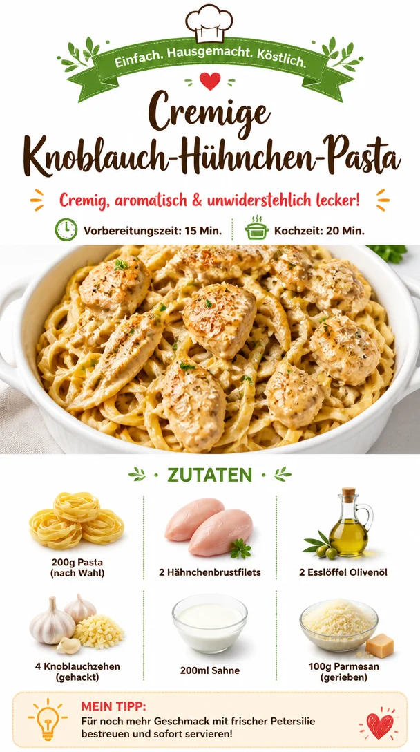 Cremige Knoblauch-Hühnchen-Pasta mit frischen Zutaten auf einem Teller