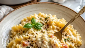 Cremige Weiße Lasagna Suppe in einer Schüssel, verziert mit frischen Kräutern