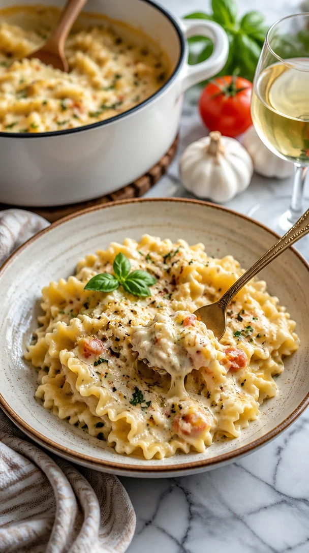 Cremige Weiße Lasagna Suppe in einer Schüssel, verziert mit frischen Kräutern