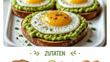 Cremiger Avocado-Ei-Toast auf einem Teller, ideal für ein gesundes Frühstück.