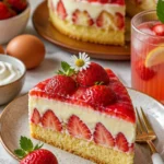 Cremiger Erdbeer-Schmandkuchen mit Vanillepudding auf einem Teller