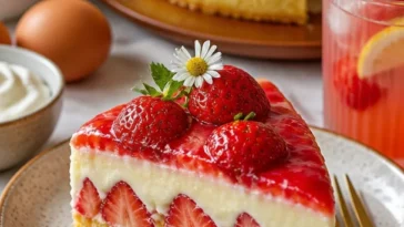 Cremiger Erdbeer-Schmandkuchen mit Vanillepudding auf einem Teller