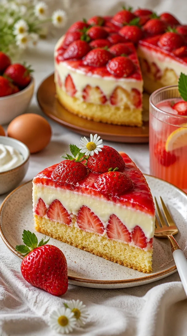 Cremiger Erdbeer-Schmandkuchen mit Vanillepudding auf einem Teller