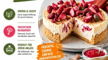 Cremiger Joghurt-Käsekuchen mit Rhabarber auf einem Teller