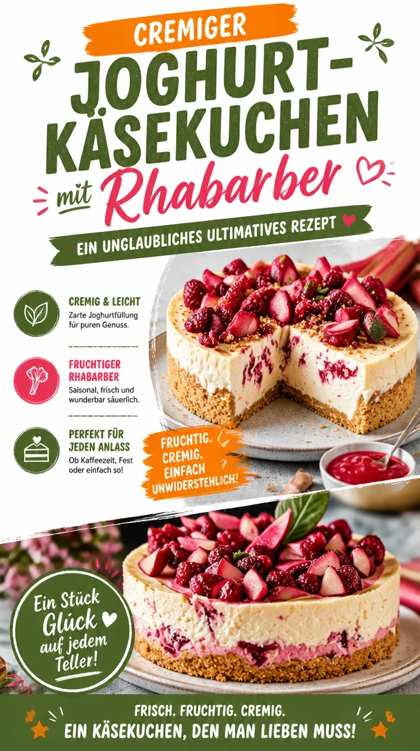 Cremiger Joghurt-Käsekuchen mit Rhabarber auf einem Teller