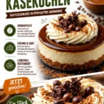 Cremiger Kaffee-Käsekuchen mit einer Tasse Kaffee serviert.