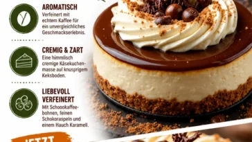 Cremiger Kaffee-Käsekuchen mit einer Tasse Kaffee serviert.