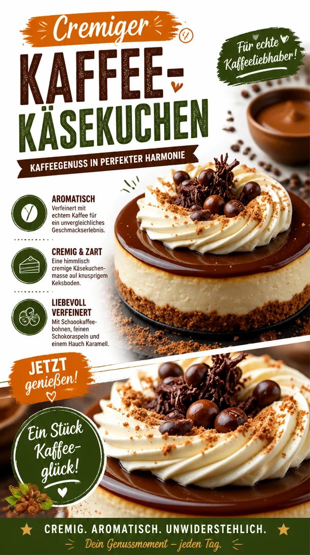 Cremiger Kaffee-Käsekuchen mit einer Tasse Kaffee serviert.