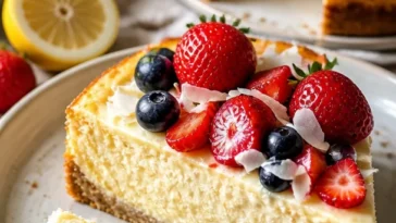 Cremiger Käsekuchen mit 3 Zutaten auf einem Teller
