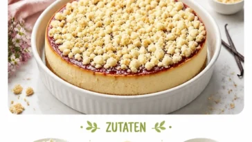 Cremiger Vanille Käsekuchen auf einem Teller, dekoriert mit frischen Beeren