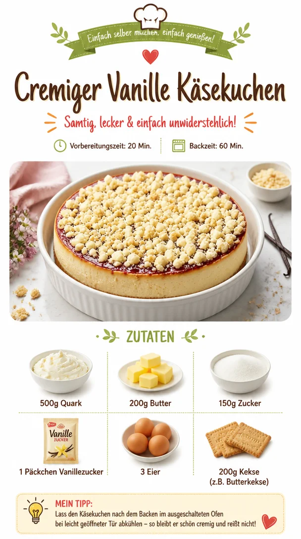 Cremiger Vanille Käsekuchen auf einem Teller, dekoriert mit frischen Beeren