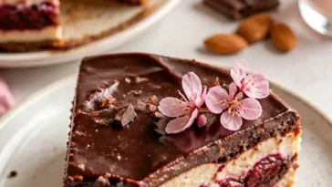 Traditioneller Donauwelle Kuchen wie bei Oma mit Schokolade und Kirschen