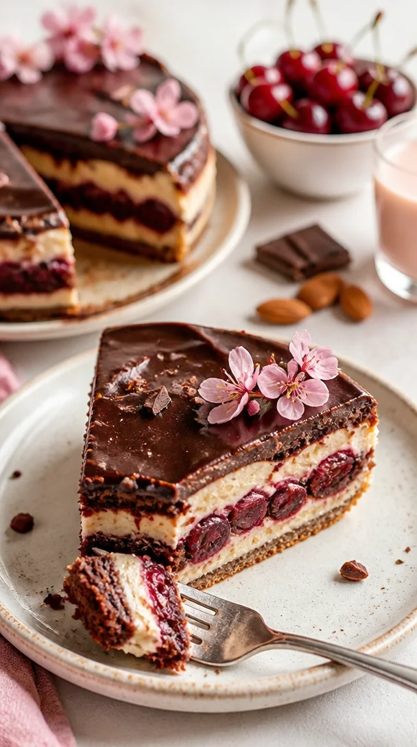Traditioneller Donauwelle Kuchen wie bei Oma mit Schokolade und Kirschen