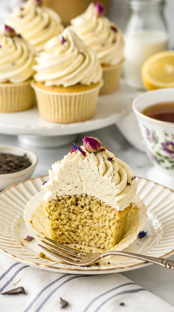 Earl Grey Cupcakes mit Frischkäse-Topping, perfekt für Teeliebhaber und Naschkatzen.