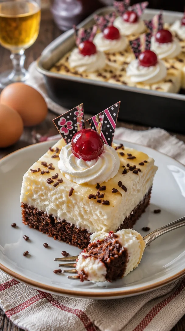 Eierlikörkuchen mit Schokolade und Kirschen auf einem Teller präsentiert