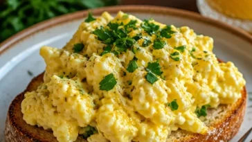 Schüssel mit frisch zubereitetem Eiersalat mit Kräutern und Gewürzen