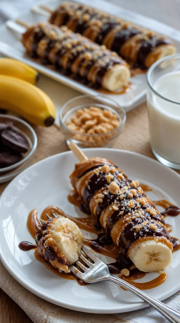 Eingefrorene Bananen-Snickers auf einem Teller, lecker und erfrischend