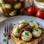 Eingelegter Mozzarella in einer Schüssel mit frischen Kräutern und Olivenöl.