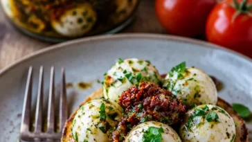 Eingelegter Mozzarella in einer Schüssel mit frischen Kräutern und Olivenöl.