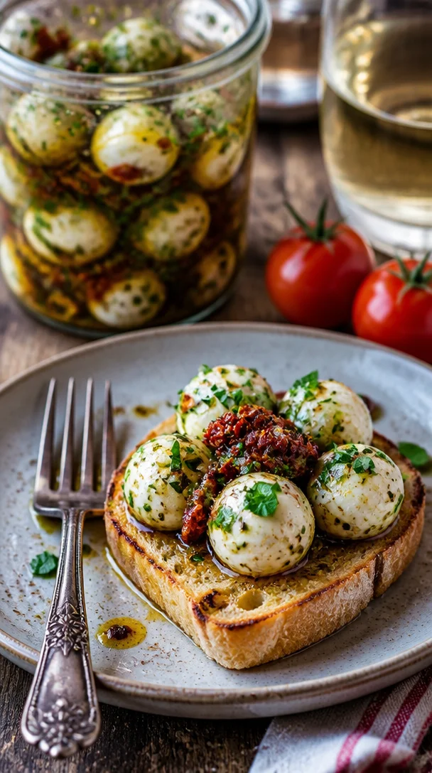 Eingelegter Mozzarella in einer Schüssel mit frischen Kräutern und Olivenöl.