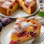 Ellis versunkene Pflaumen Kuchen mit saftigen Pflaumen auf einem Teller