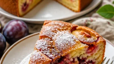 Ellis versunkene Pflaumen Kuchen mit saftigen Pflaumen auf einem Teller