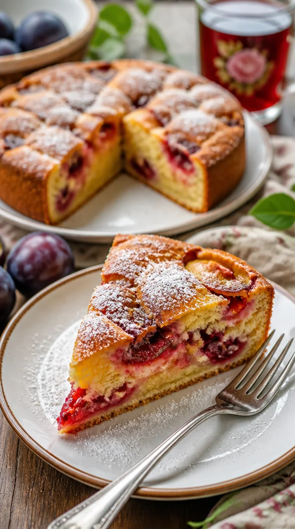 Ellis versunkene Pflaumen Kuchen mit saftigen Pflaumen auf einem Teller