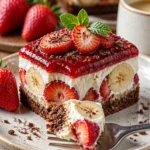 Erdbeer-Bananen-Torte mit frischen Erdbeeren und Bananen dekoriert.