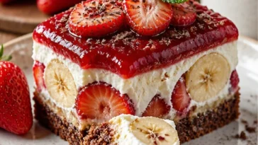 Erdbeer-Bananen-Torte mit frischen Erdbeeren und Bananen dekoriert.