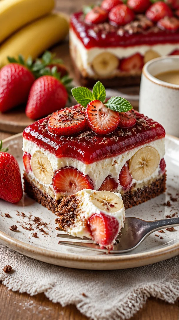 Erdbeer-Bananen-Torte mit frischen Erdbeeren und Bananen dekoriert.