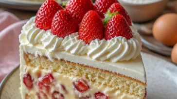 Erdbeer-Cremedessert-Kuchen mit frischen Erdbeeren und cremiger Füllung
